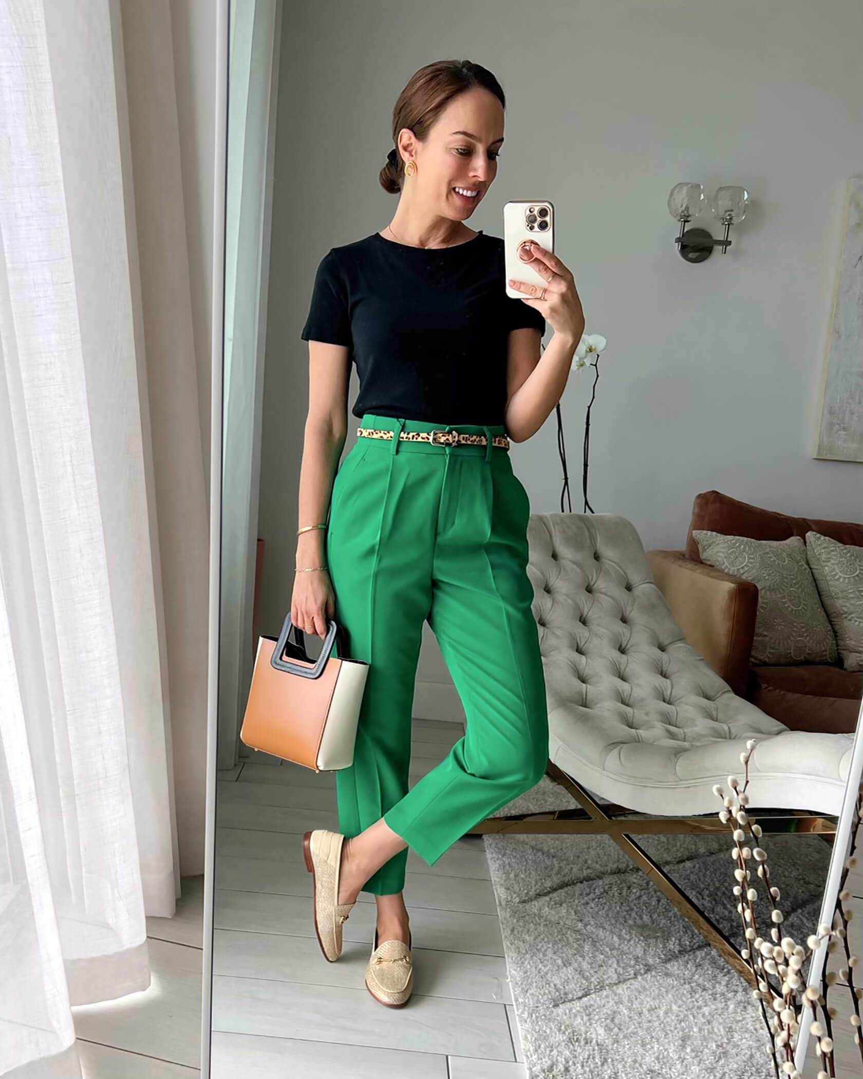 Green Trousers and Gold Loafers for Casual Chic Green Trousers and Gold Loafers for Casual Chic — Colorful Outfits