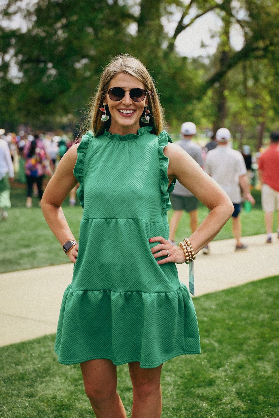 Green Textured Knit Babydoll Dress with Ruffles — Golf Tournament Outfits