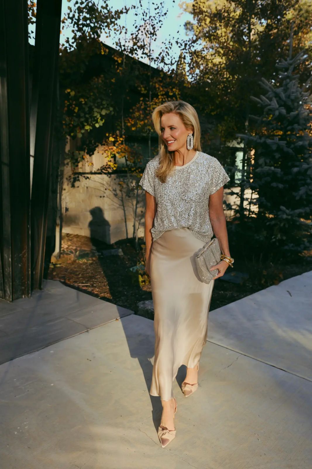 Champagne Satin Skirt with Silver Sequined Top and Nude Heels Champagne Satin Skirt with Silver Sequined Top and Nude Heels — Satin Skirt Outfits