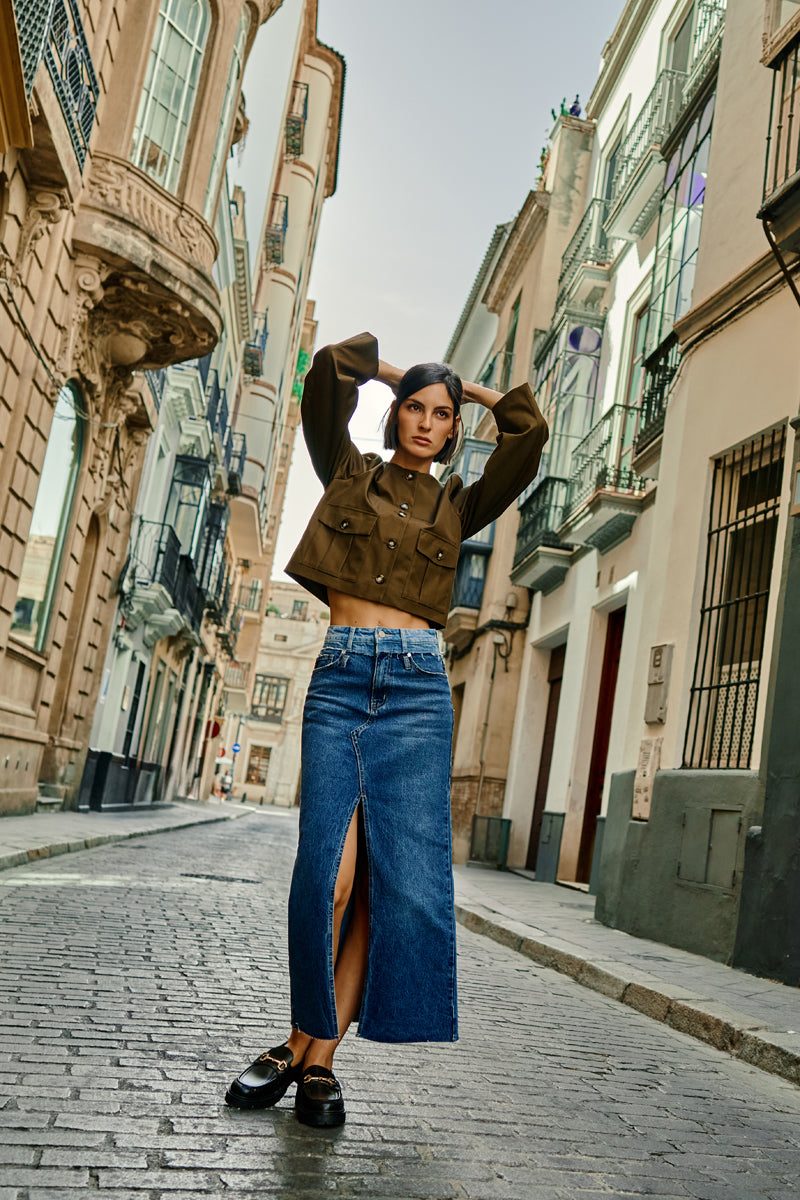 Denim Maxi Skirt with High Slit and Utility Jacket Denim Maxi Skirt with High Slit and Utility Jacket — Maxi Skirts
