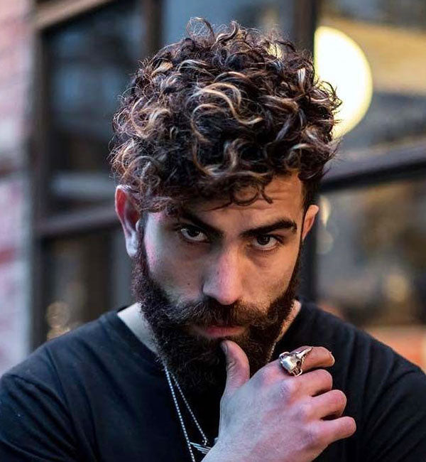 Dark Brown Curls With Blonde Highlights — Fluffy Hair Men