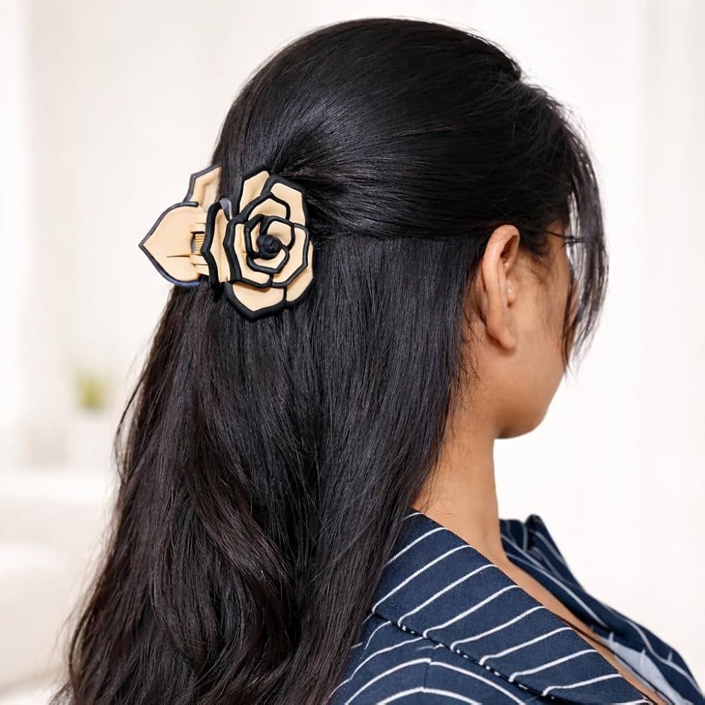 Mid-Back Black Straight With Rose Clip — Half Up Claw Clip