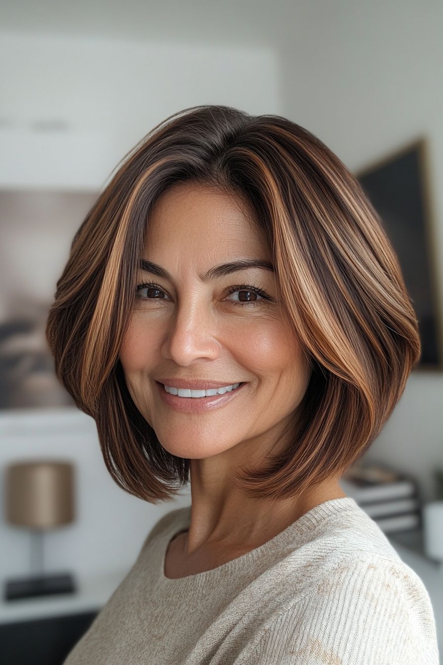 No Bangs Dark Brown Bob With Caramel Blonde Highlights No Bangs Dark Brown Bob With Caramel Blonde Highlights — Highlights Over 60