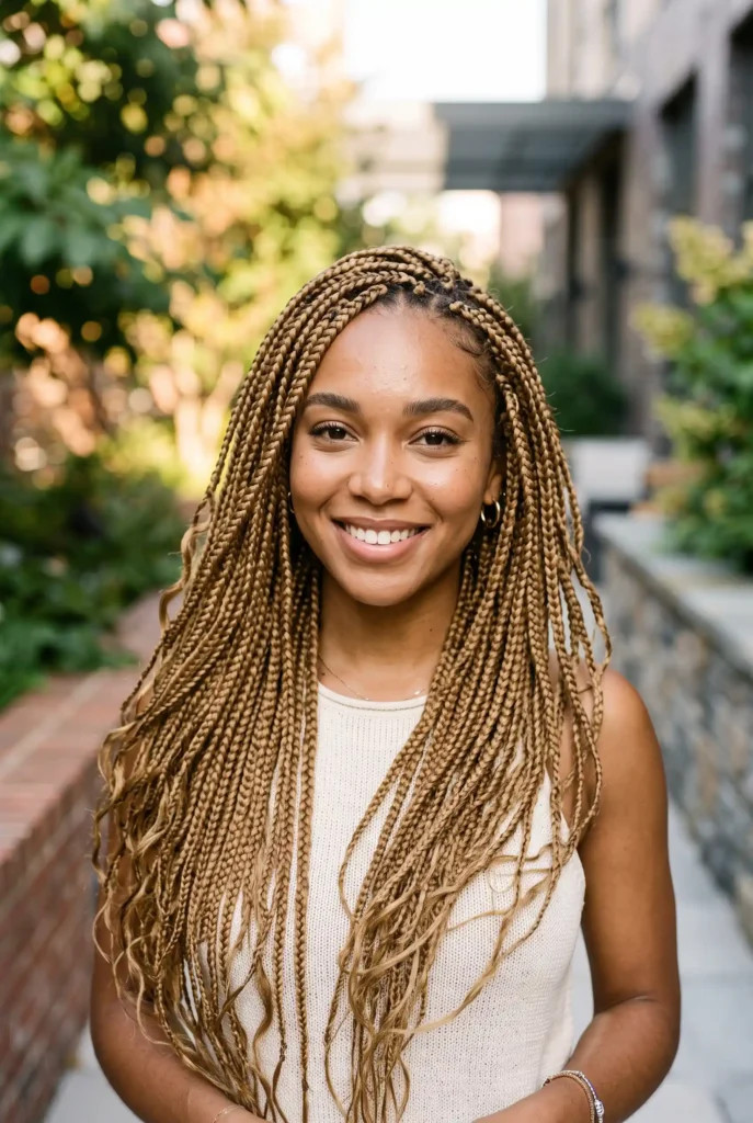 Natural Honey Blonde Box Braids — Styled With A Middle Parting Natural Honey Blonde Box Braids — Styled With A Middle Parting — Honey Blonde Braids