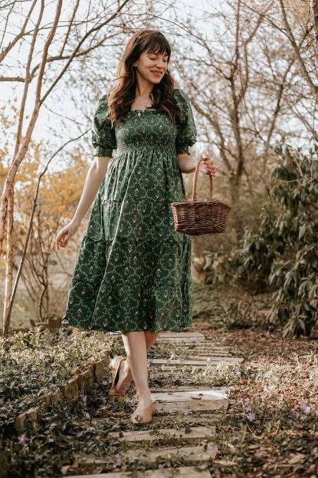 Green Floral Nap Dress with Wicker Bag and Low Heels Green Floral Nap Dress with Wicker Bag and Low Heels — Nap Dresses