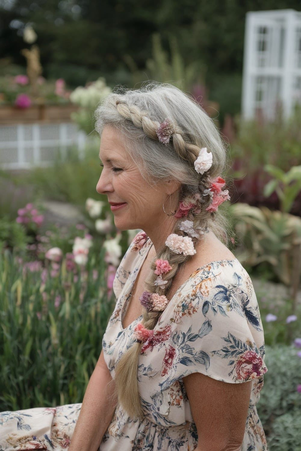 Single Braid Adorned With Flowers Single Braid Adorned With Flowers — Braids Over 50