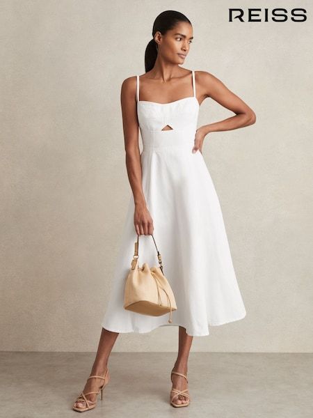 White Midi Dress with Sweetheart Neckline and Cut-Out Detail White Midi Dress with Sweetheart Neckline and Cut-Out Detail — Casual Dresses