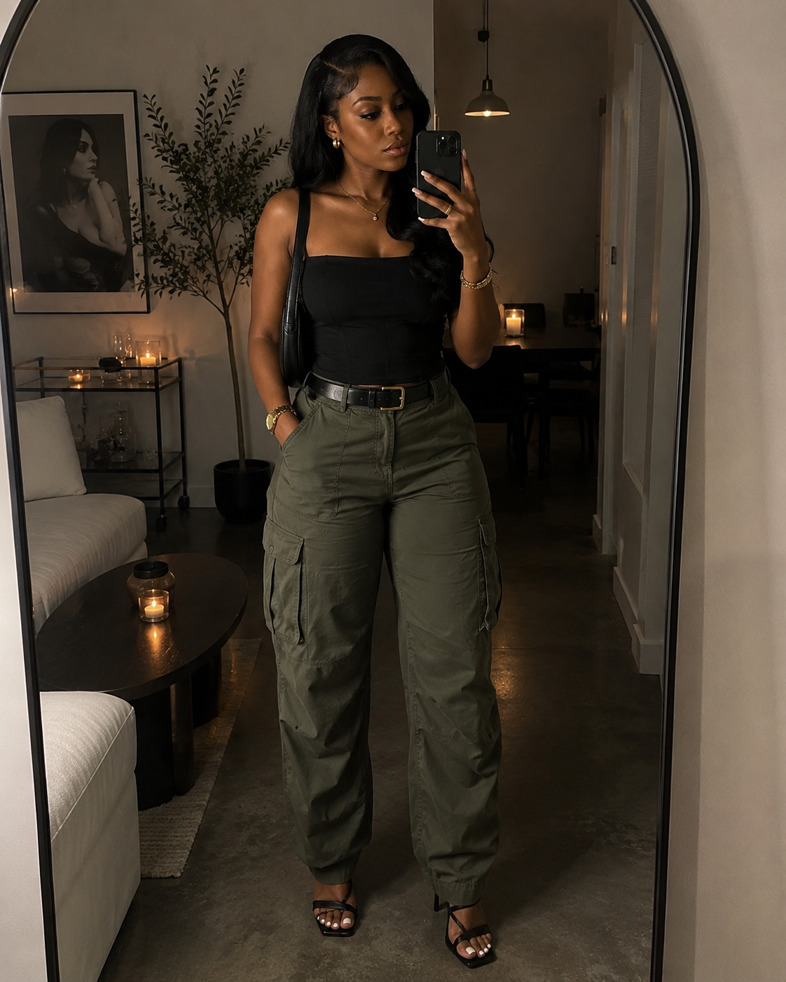 Olive Green Baggy Cargo Pants with Black Tank Top Olive Green Baggy Cargo Pants with Black Tank Top — Utilitarian Outfits