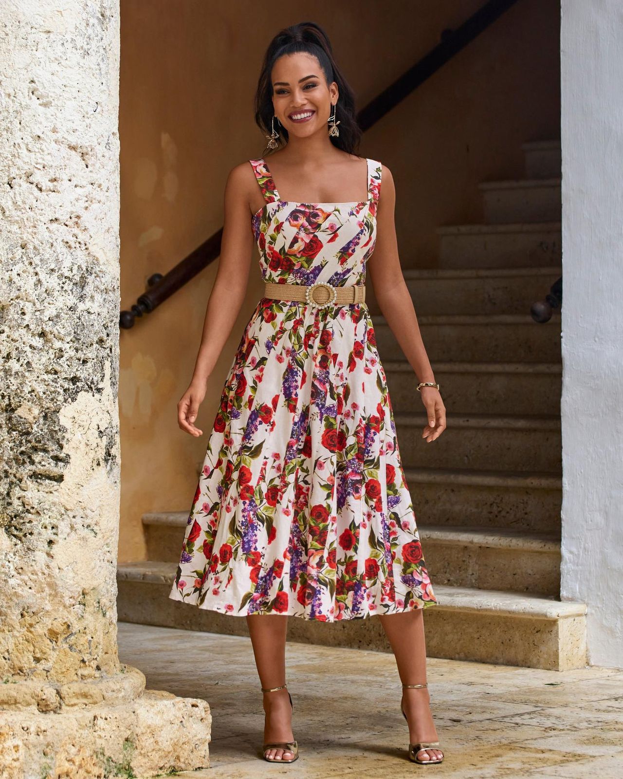 White Floral Fit and Flare Midi with Woven Belt White Floral Fit and Flare Midi with Woven Belt — Fit and Flare Dresses
