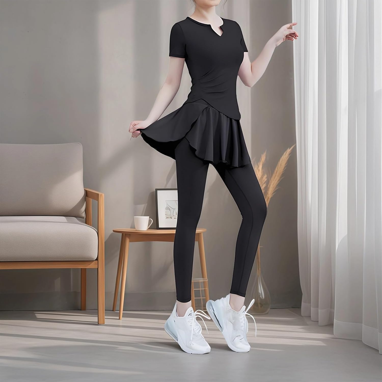 Black Leggings with Flared Skirt Overlay Top — Pilates Outfits