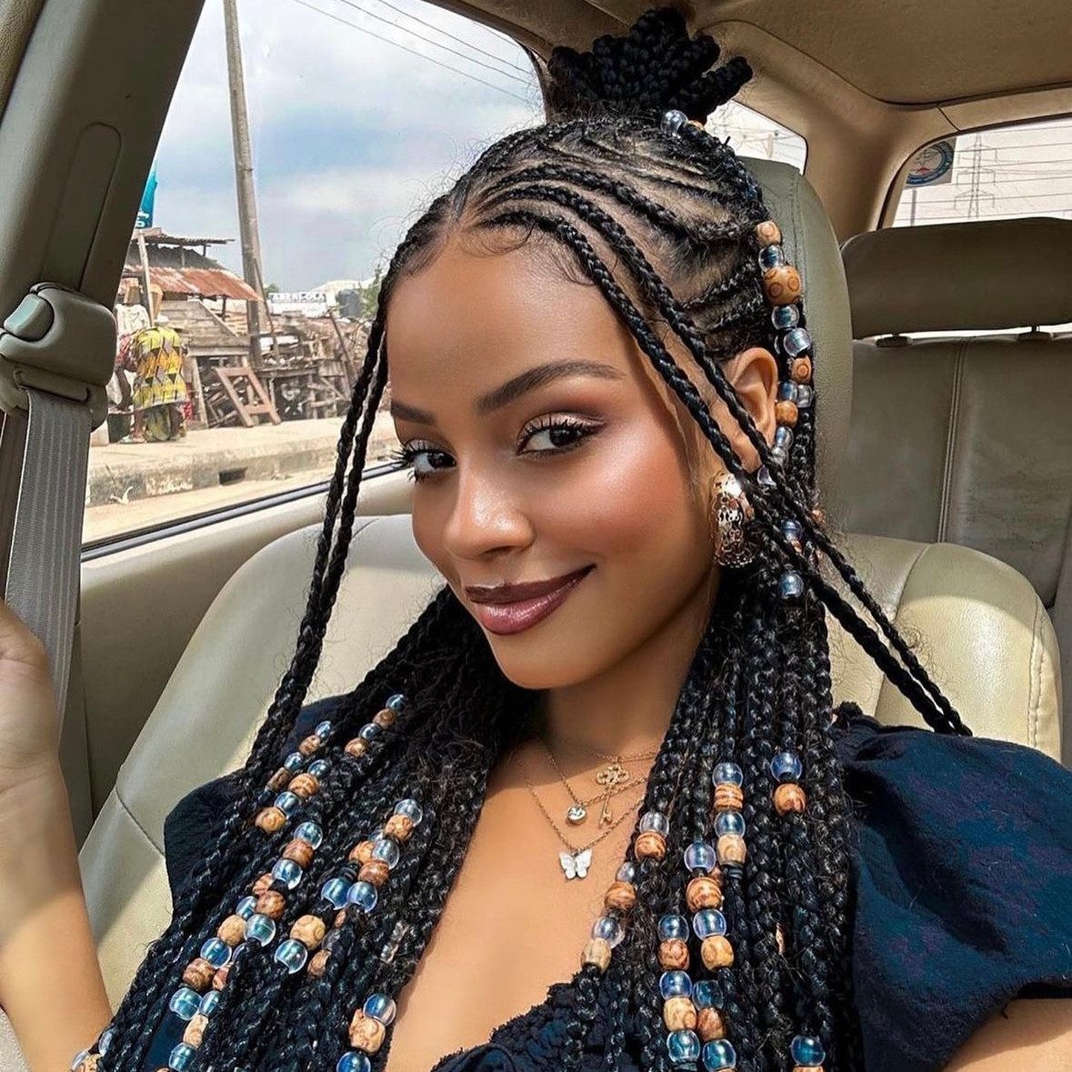 Black Braids with Cornrow Details and Beads — Braid Colors