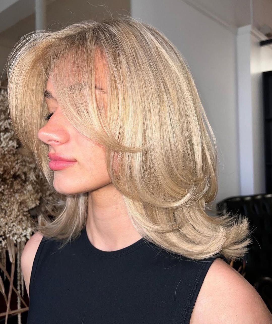 Front View Platinum Blonde Layered Lob With Curtain Bangs Front View Platinum Blonde Layered Lob With Curtain Bangs — Medium Length Layered Hair