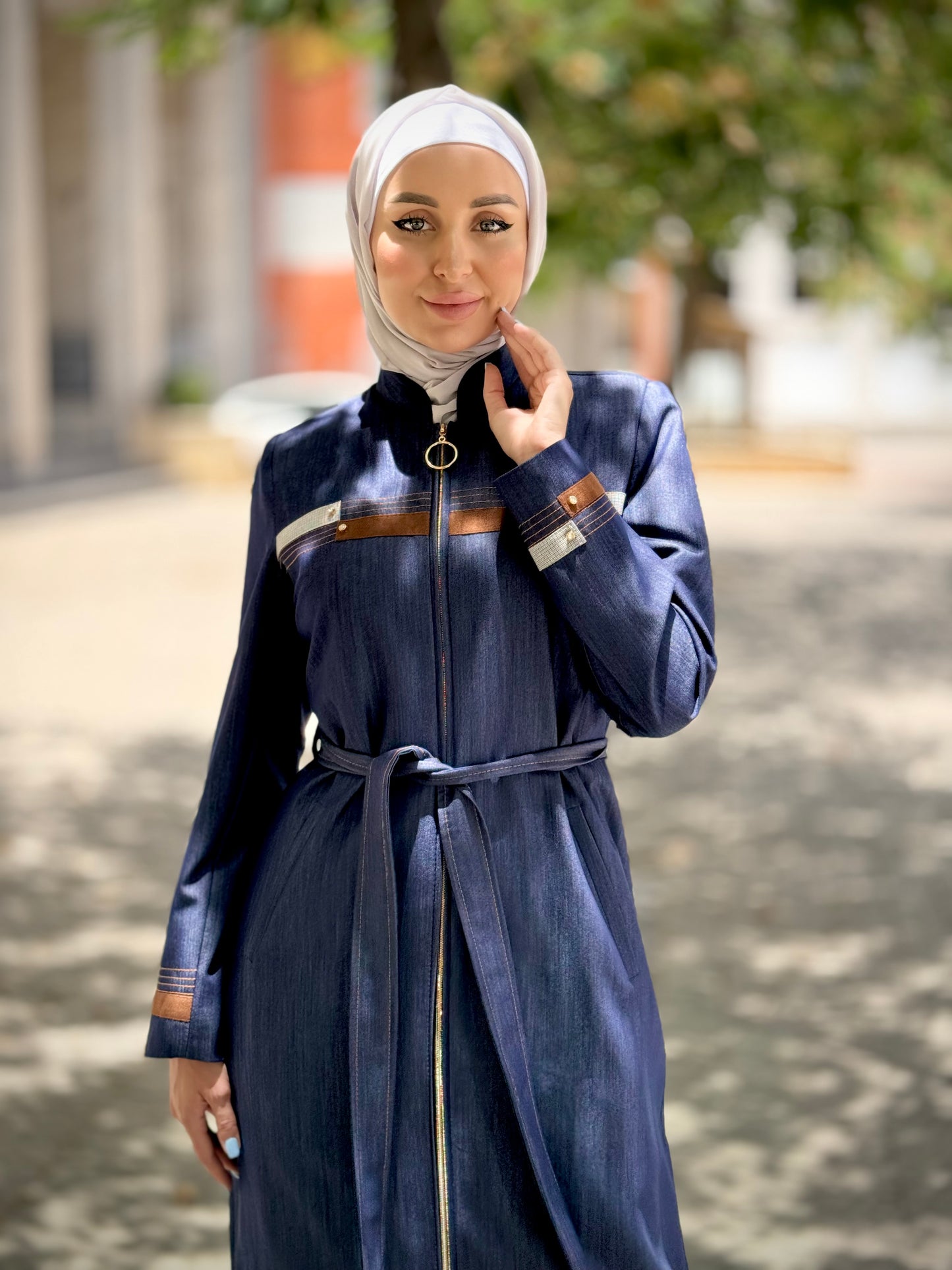 Denim Abaya with Gold Zipper for a Modern Casual Statement Denim Abaya with Gold Zipper for a Modern Casual Statement — Casual Hijab Outfits