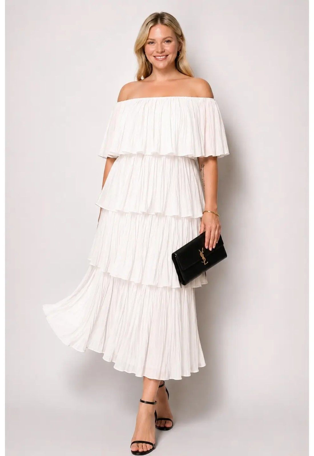 White Off-the-Shoulder Tiered Midi Dress White Off-the-Shoulder Tiered Midi Dress — Bridal Shower Dresses