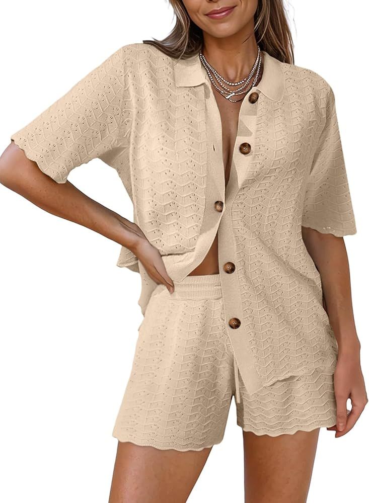 Beige Knit Loungewear Set with Scalloped Edges — Outfits for Short Women