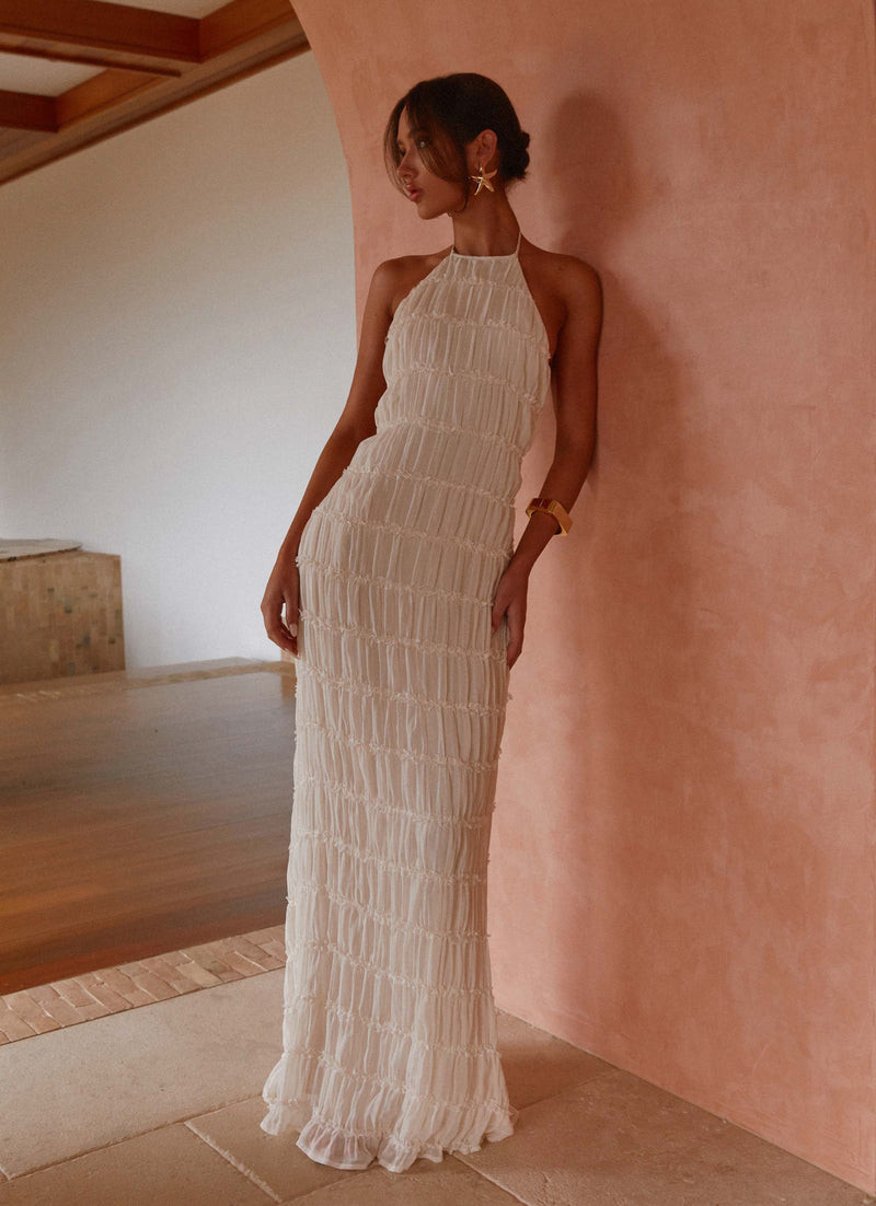 Ivory Ruched Halter Neck Maxi Dress — Engagement Party Dresses