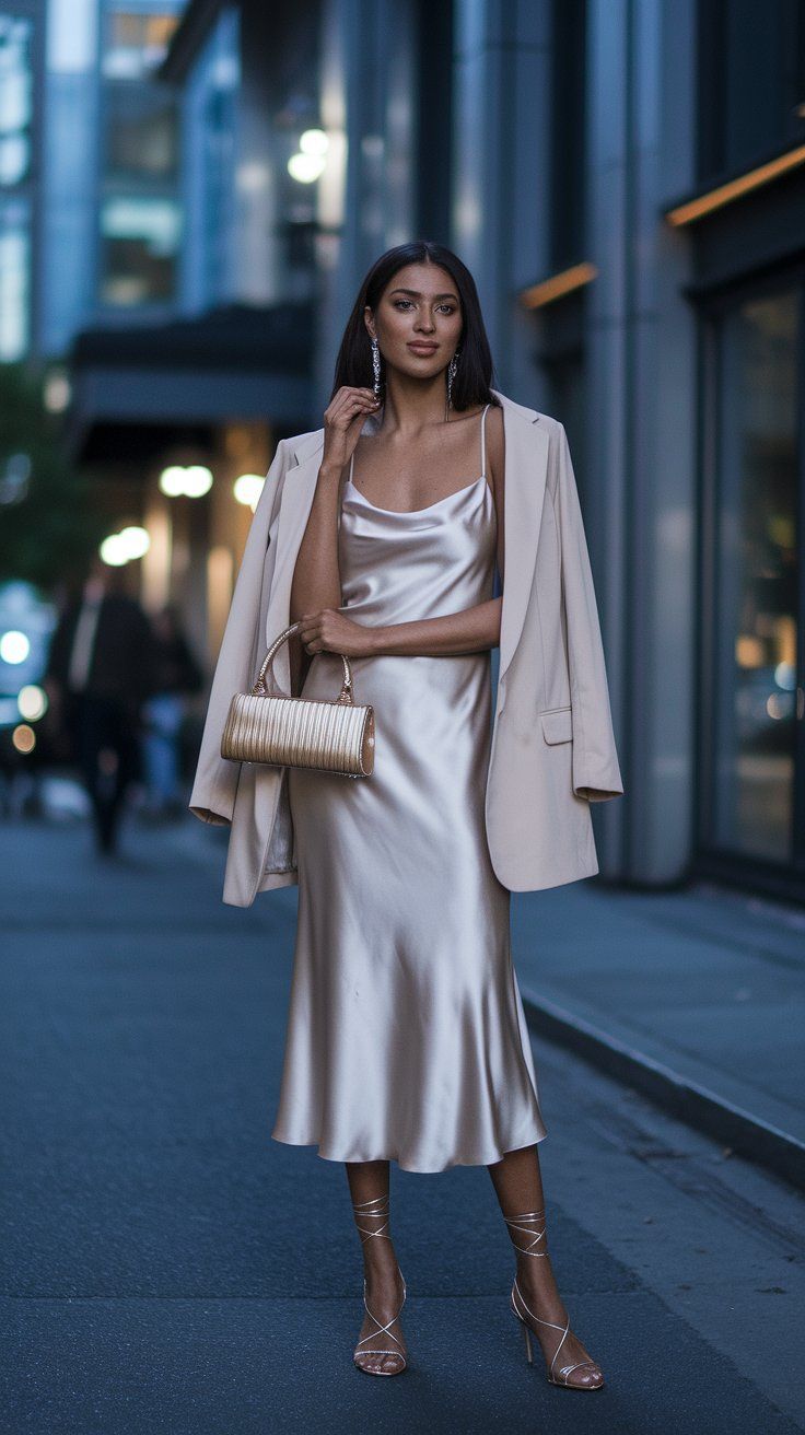 Champagne Satin Slip Dress with Draped Blazer — Satin Dress Outfits