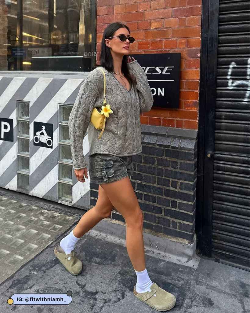 Street Style Ready: Grey Knit Sweater, Cargo Shorts, and Olive Clogs Street Style Ready: Grey Knit Sweater, Cargo Shorts, and Olive Clogs — Birkenstock Outfits