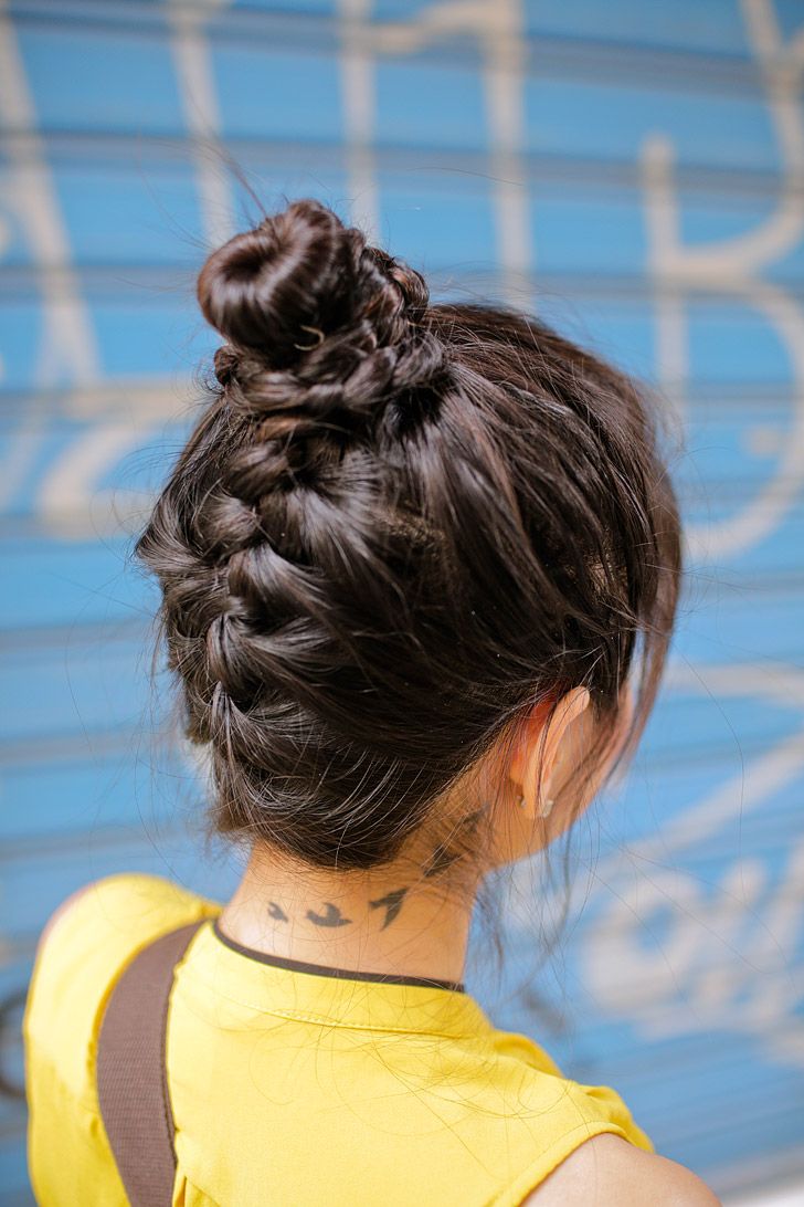 Messy Bun with Braids Dark Brown — Travel Hairstyles