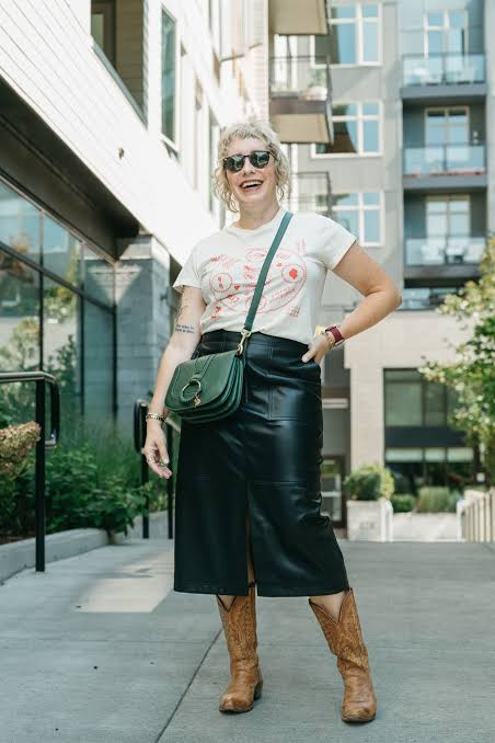 Daytime Cool: Tan Cowboy Boots with Black Leather Midi Skirt — Cowboy Boots with Skirt Outfits