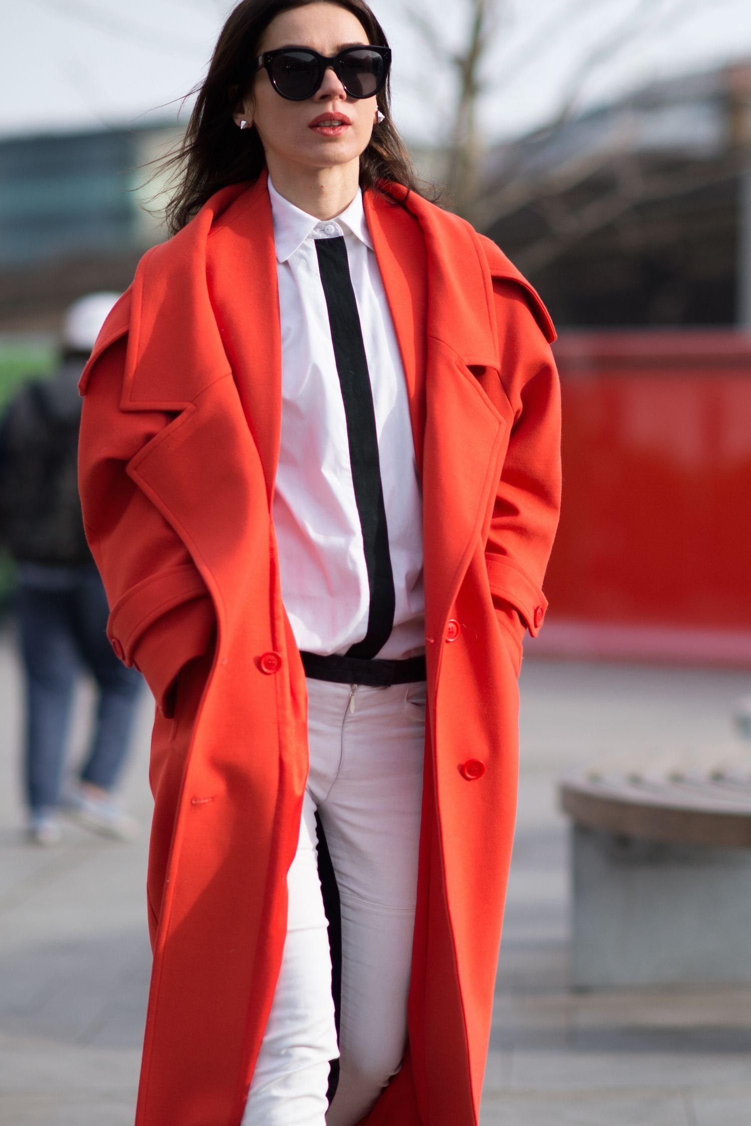 Oversized Red Coat Elevates Casual White Shirt and Tie — Red Outfits