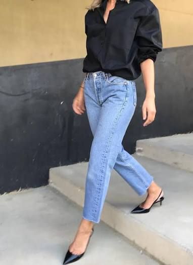 Relaxed Denim and Button-Down Shirt with Black Slingbacks for Casual Chic — Slingback Heels Outfits