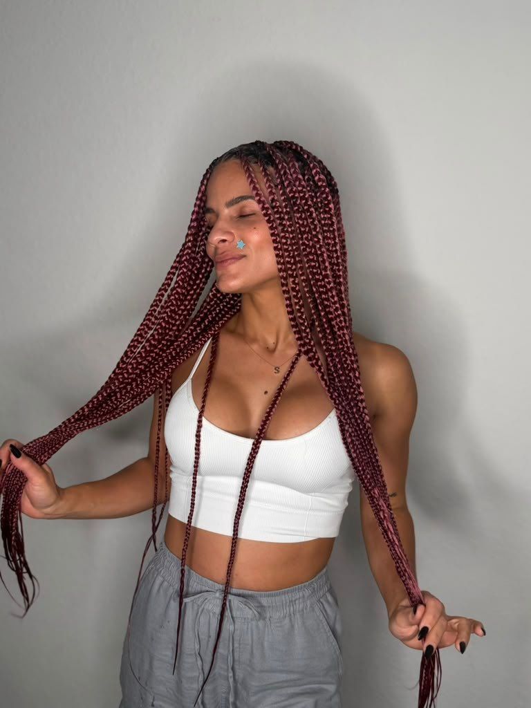 Burgundy and Blonde Mid-Back Box Braids — Two Tone Braids
