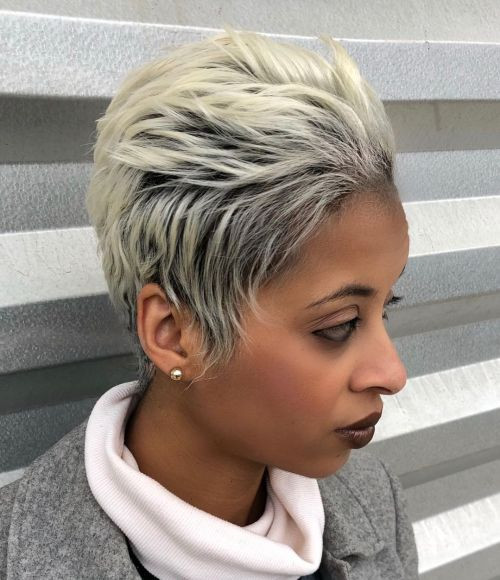 Platinum Blonde Pixie with Dark Roots Platinum Blonde Pixie with Dark Roots — Highlights on Black Women