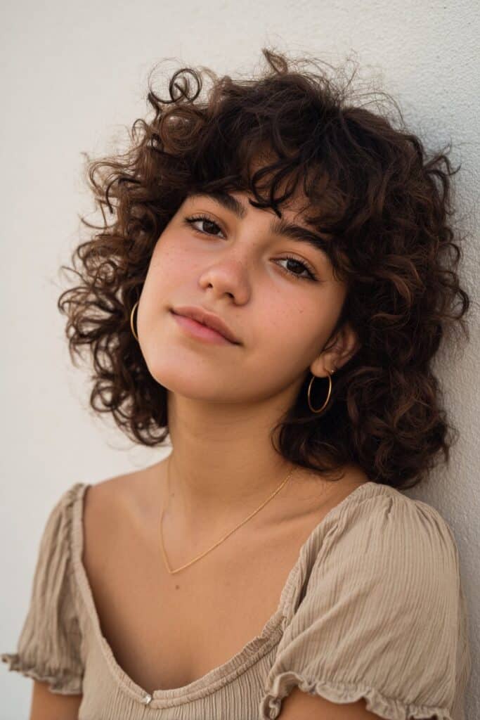 Dark Brown Shoulder Butterfly With Short Curly Bangs — Butterfly Haircut Curly Hair