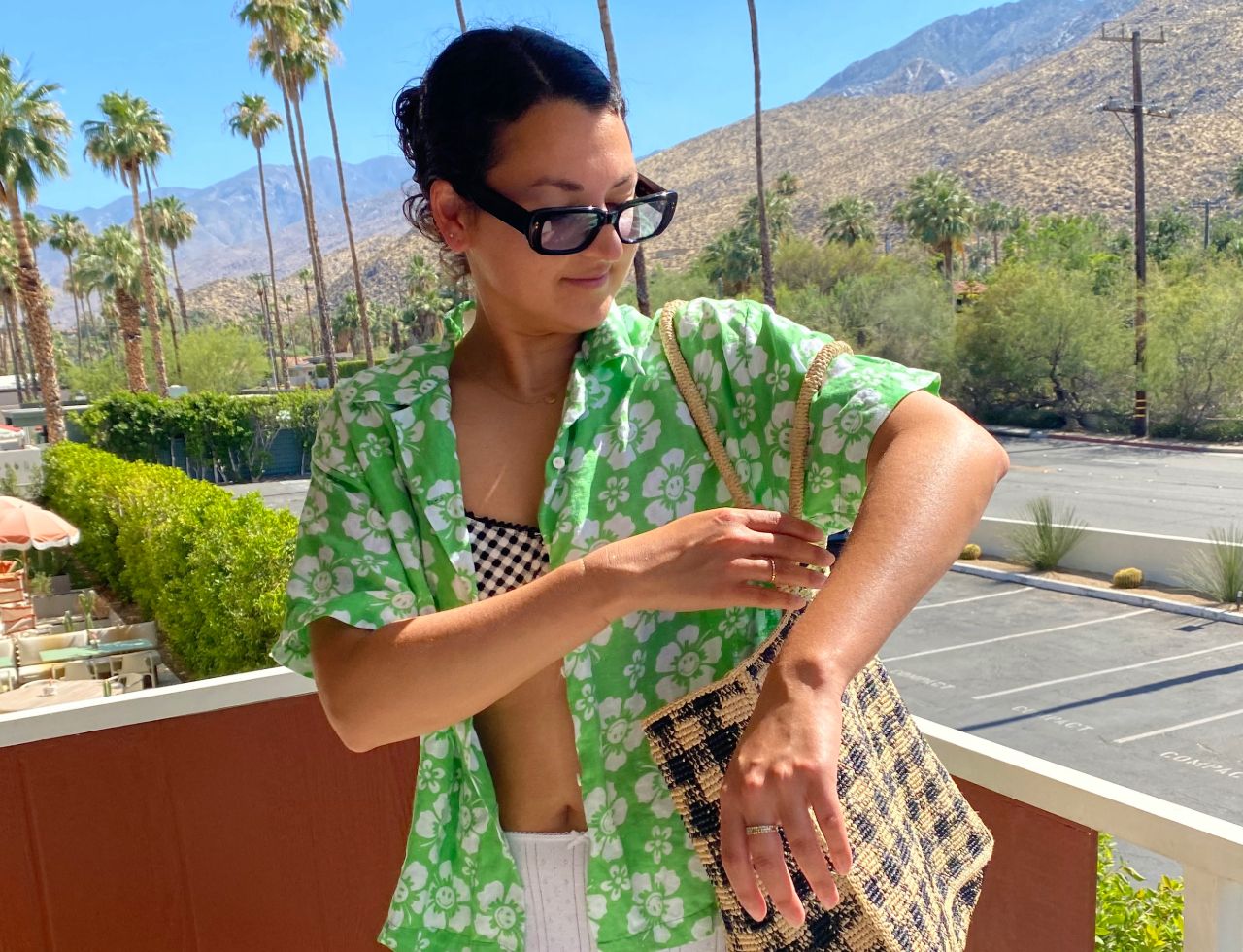 Poolside Chic: Floral Shirt Over Gingham Bikini and Shorts Poolside Chic: Floral Shirt Over Gingham Bikini and Shorts — Palm Springs Outfits