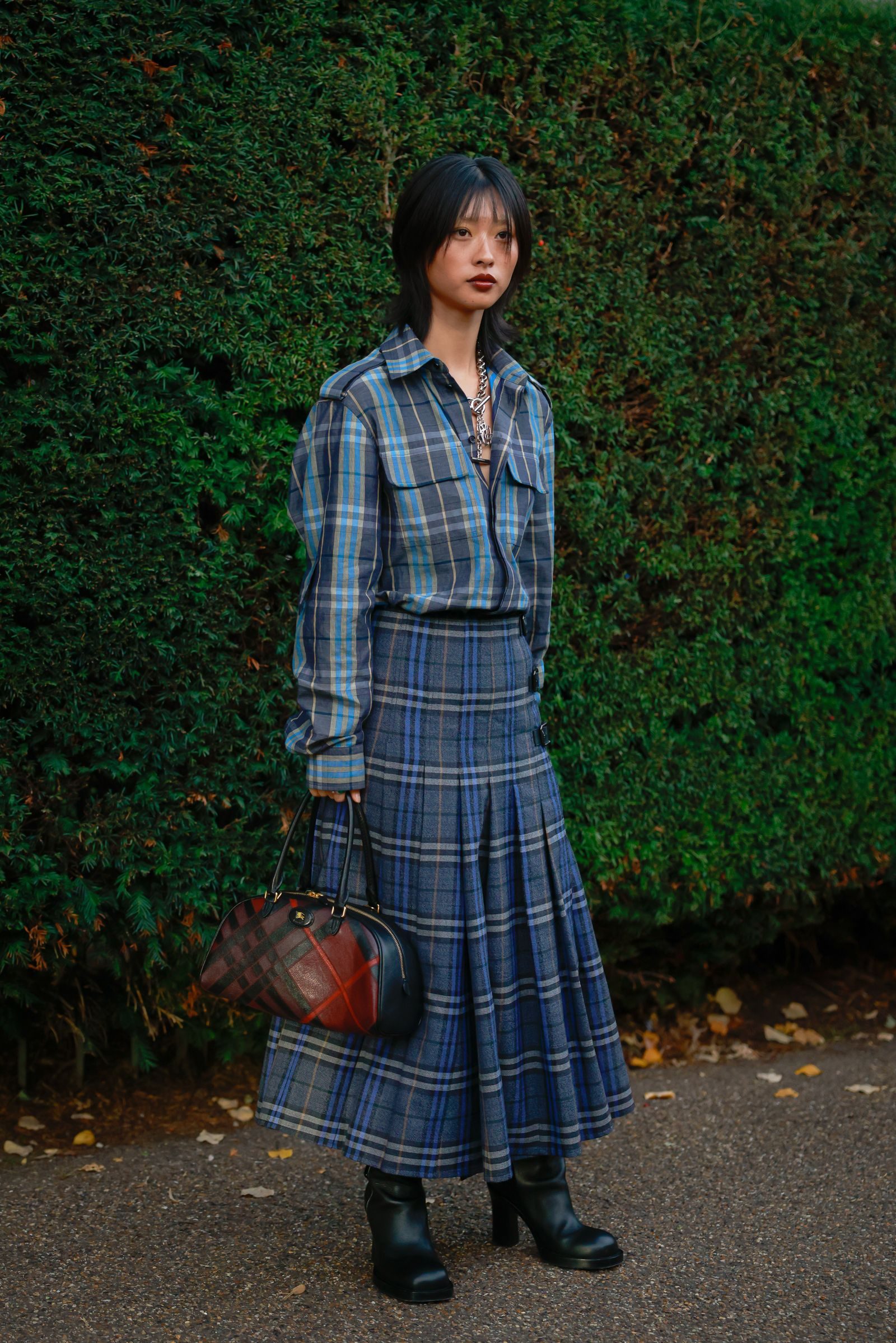 Blue and Grey Plaid Midi with Matching Shirt Blue and Grey Plaid Midi with Matching Shirt — Plaid Skirt Outfits