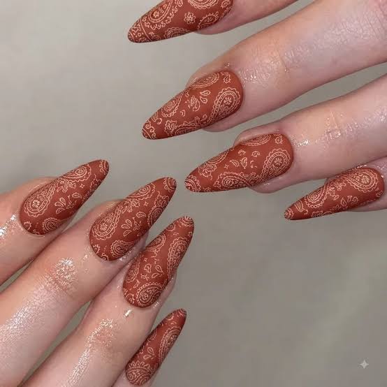 Long Stiletto Matte Paisley Terracotta — Western Nails