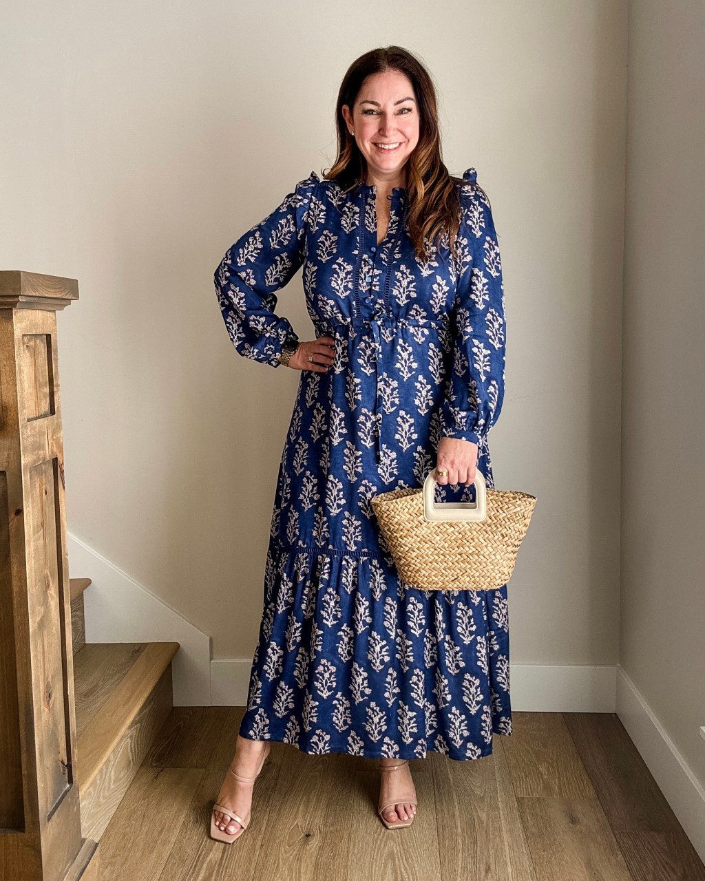 Blue and White Patterned Maxi Dress for Daytime Casual — Midsize Dresses