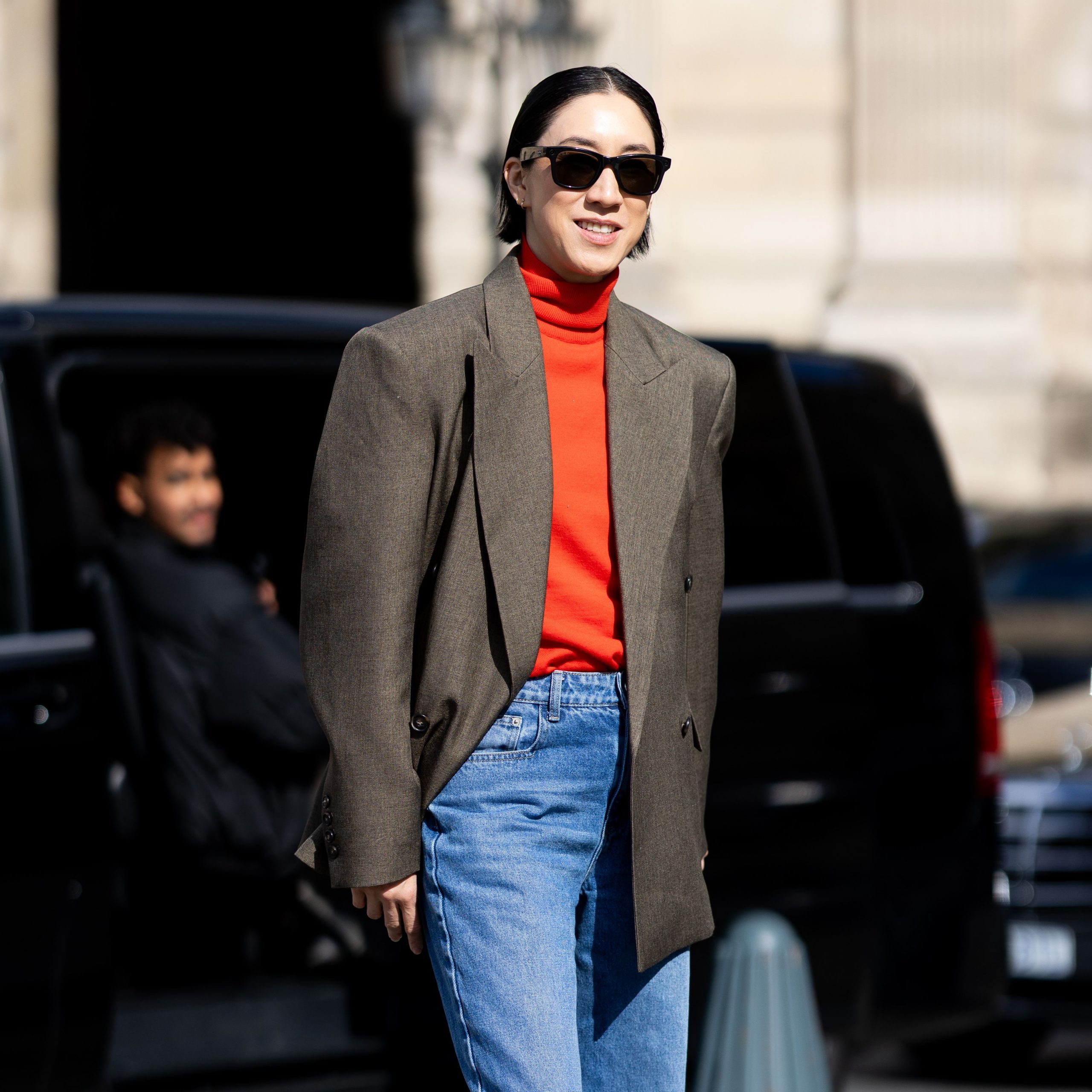 Bold Color Contrast: Brown Blazer with Orange Turtleneck — Blazer Outfits