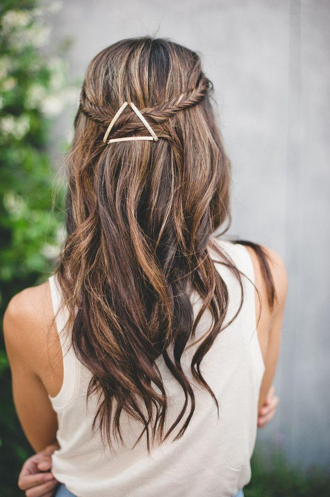 Braids Pulled Back With Geometric Clip Braids Pulled Back With Geometric Clip — Rehearsal Dinner Hairstyles