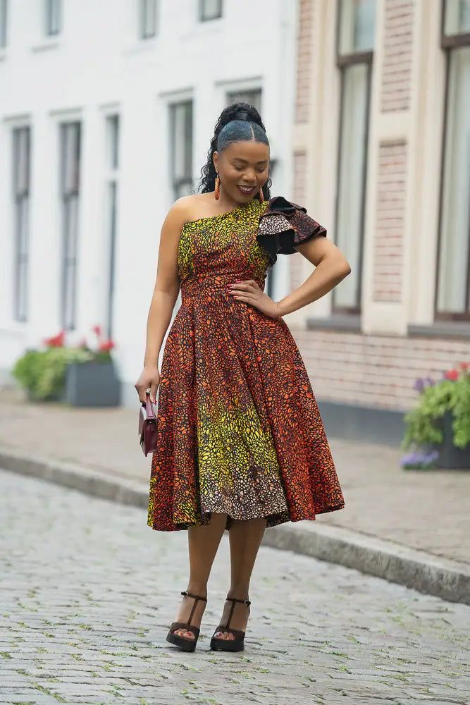 Vibrant African Print One-Shoulder Midi Dress Vibrant African Print One-Shoulder Midi Dress — Club Dresses