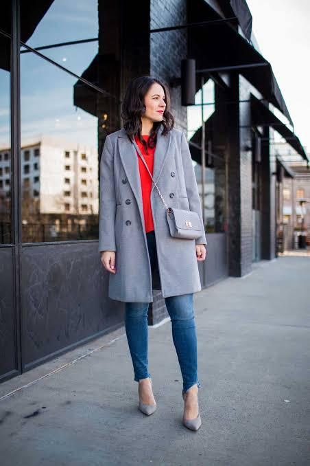 Grey Double-Breasted Coat with Red Sweater and Jeans Grey Double-Breasted Coat with Red Sweater and Jeans — Madewell Outfits