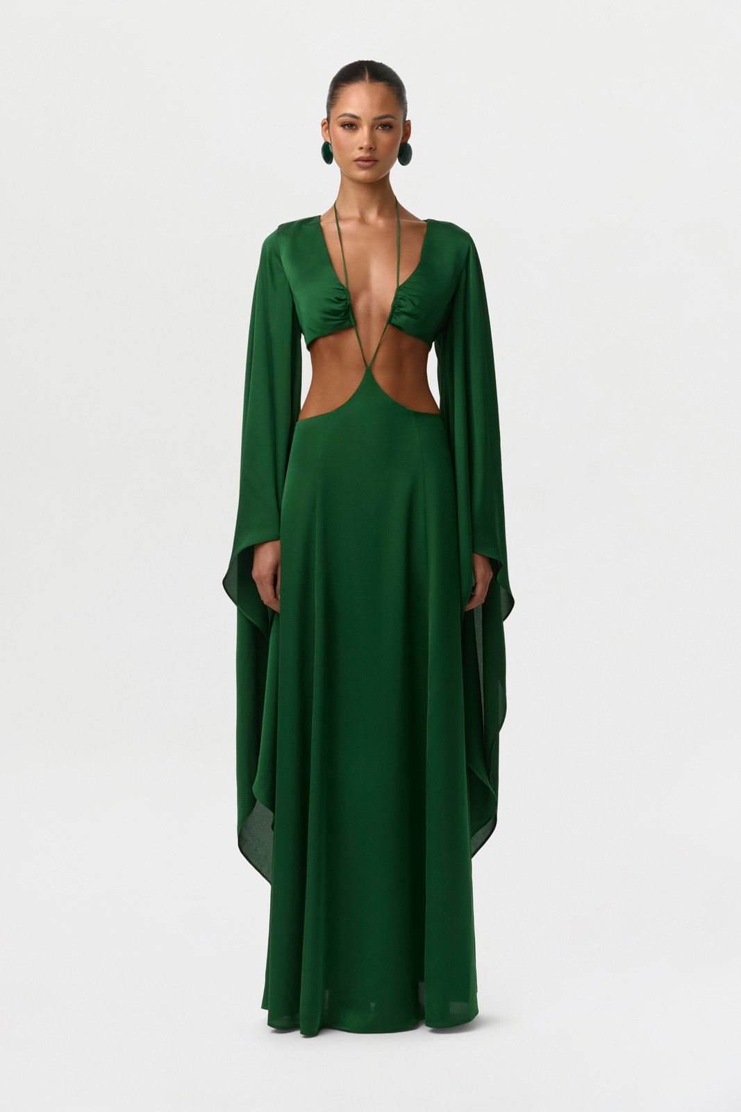 Emerald Green Satin Maxi Dress with Plunging Neckline and Side Cutouts Emerald Green Satin Maxi Dress with Plunging Neckline and Side Cutouts — Cutout Dresses