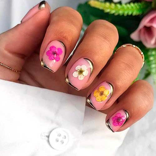 Short Square Gold French with Dried Flowers Short Square Gold French with Dried Flowers — Mom Nails