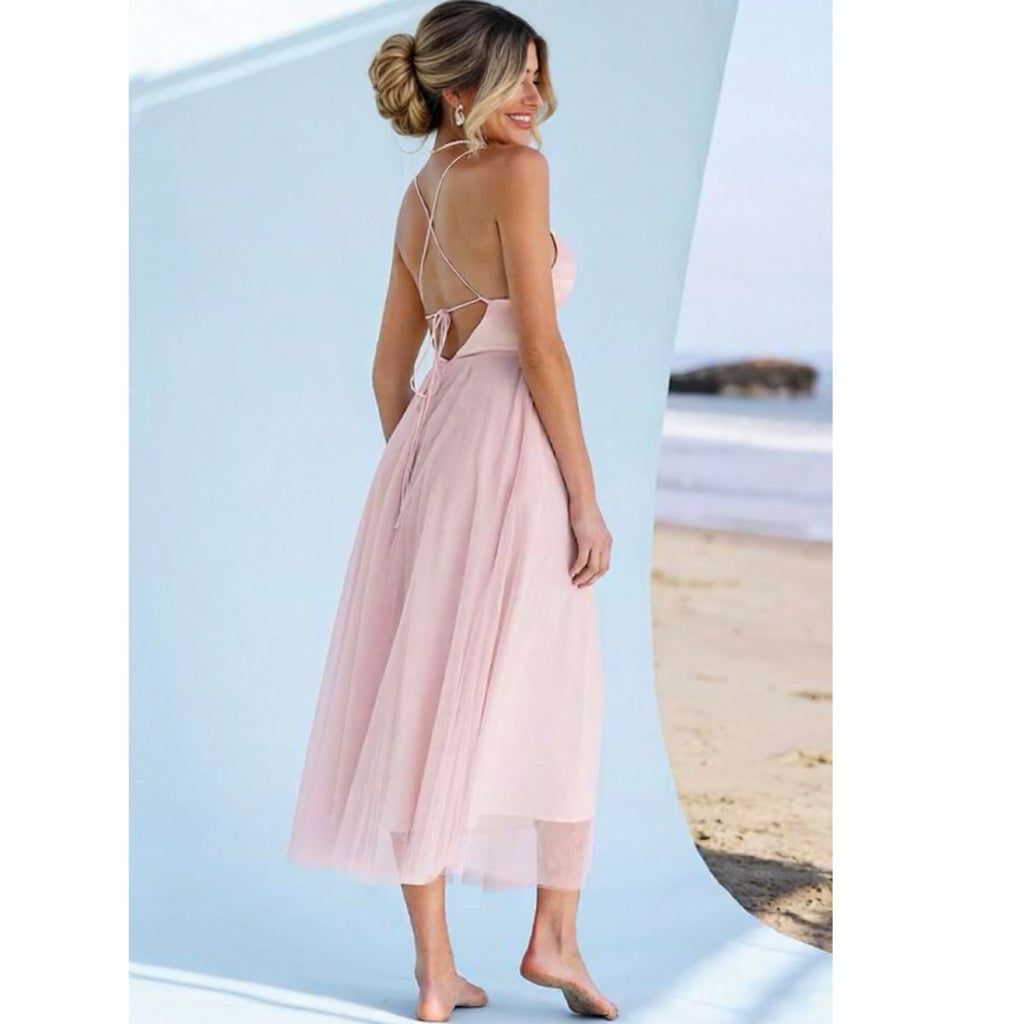 Romantic Pale Pink Organza Tie-Back Midi Dress — Honeymoon Dresses