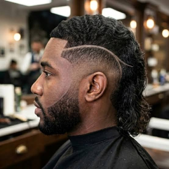 Wavy Black Mullet With Sharp Fade — Burst Fade