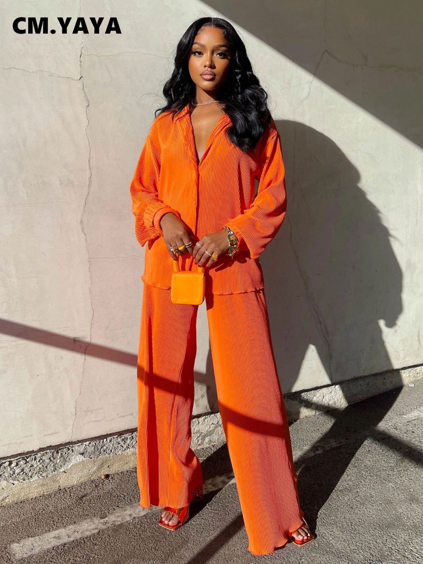 Vibrant Orange Pleated Shirt and Wide-Leg Pants Set Vibrant Orange Pleated Shirt and Wide-Leg Pants Set — Two Piece Sets