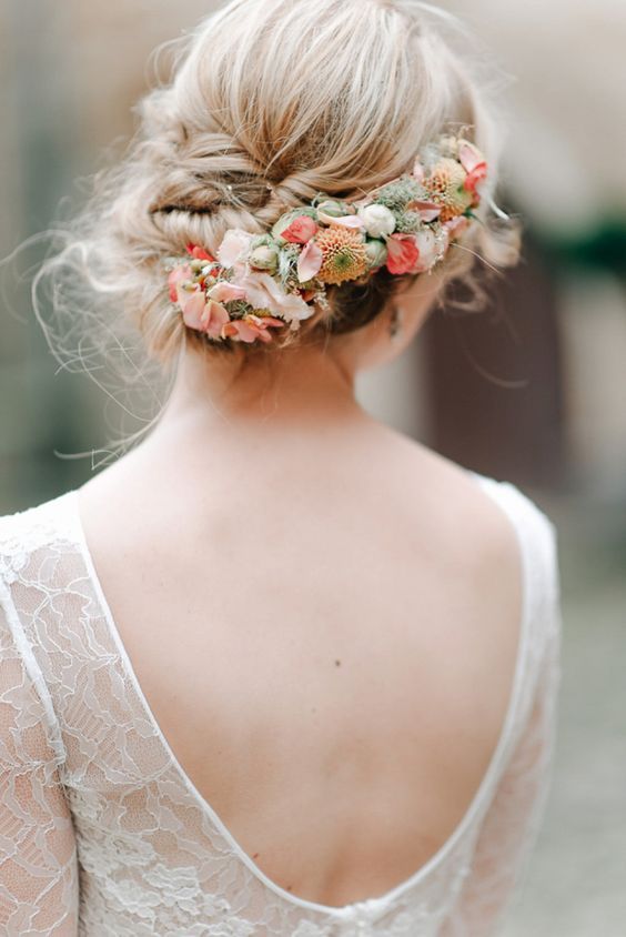 Blonde Updo With Colorful Floral Crown Blonde Updo With Colorful Floral Crown — Boho Wedding Hair