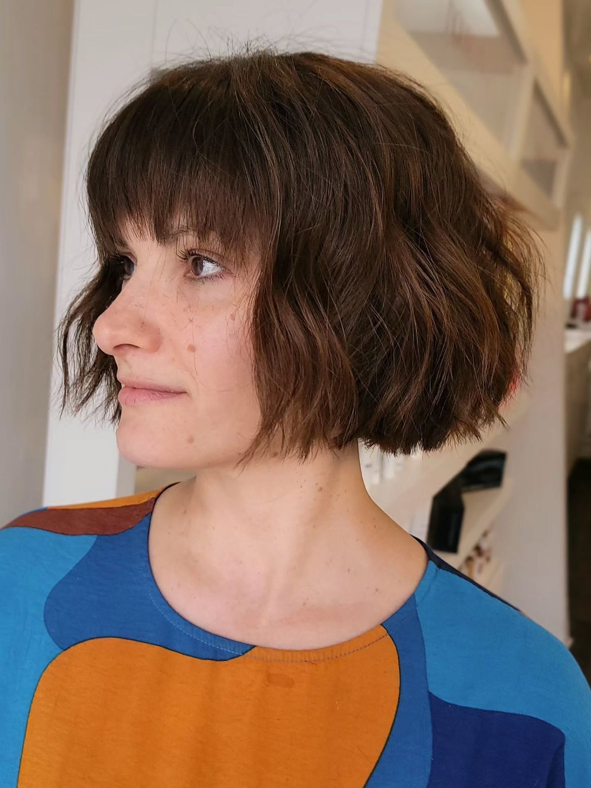 Wavy Dark Brown Bob With Curtain Bangs — Bob with Bangs