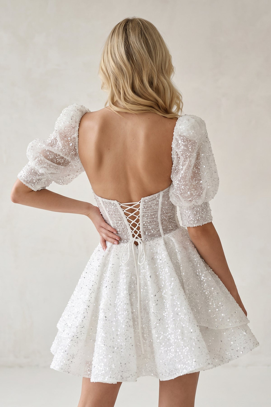 Sweet Sparkle: White Sequin Fit-and-Flare with Puff Sleeves — Homecoming Dresses