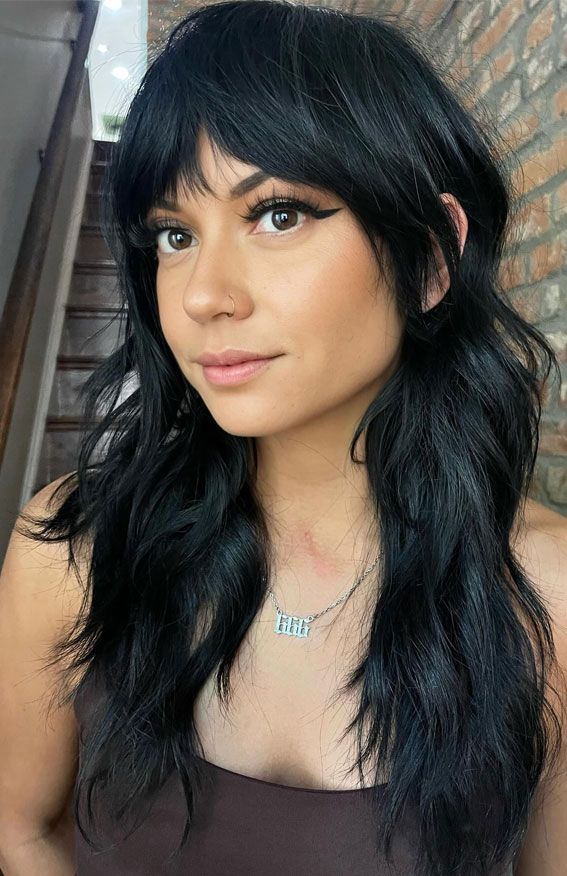 Collarbone Black Wolf Cut With Sleek Layers — Long Wolf Cut