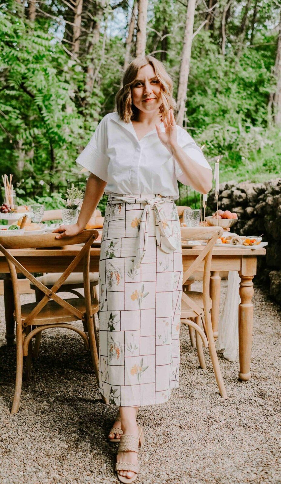 Cream Botanical Print Wrap Skirt Outfit — Garden Party Outfits