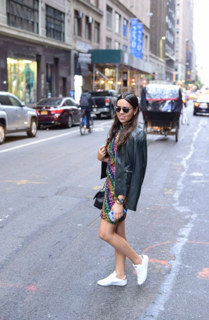 Casual Multicolor Sequin Dress with Leather Jacket and Sneakers Casual Multicolor Sequin Dress with Leather Jacket and Sneakers — Sequin Dress Outfits