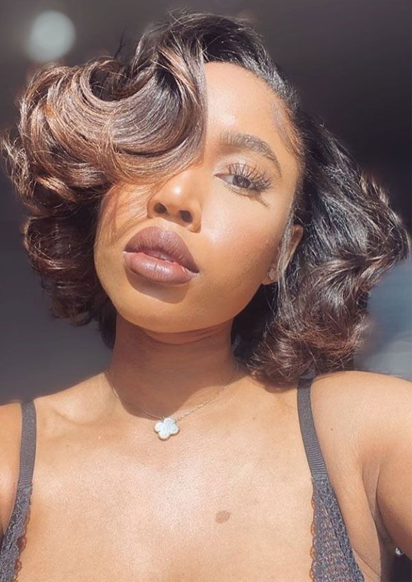 Sculpted Dark Brown Bob Curls Sculpted Dark Brown Bob Curls — Silk Press Curls