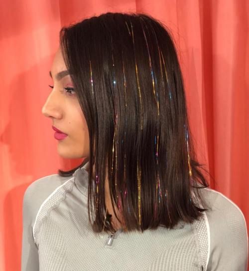 Colorful Tinsel on Straight Dark Bob — Hair Tinsel